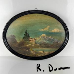 Pintura a óleo sobre painel oval, paisagem